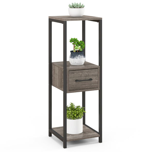 3 Etagen Metall Pflanzenstnder Blumenstnder mit Schublade 30,5 x 30,5 x  92 cm Grau (1 Pack) - Costway