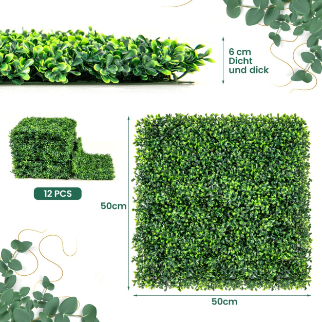 12 Stck Knstliche Hecke Pflanzenwand 50 x 50 cm Paneele mit  Buchsbaum-Blttern Grn - Costway
