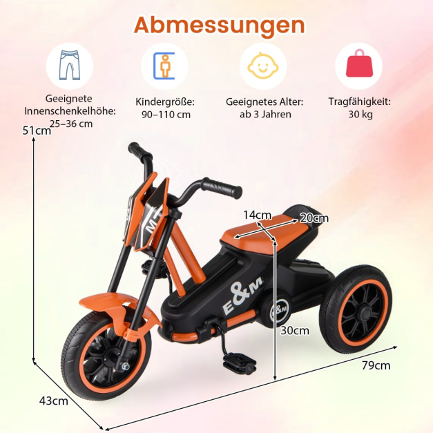 Kinder-Dreirad mit 3 Robusten Rdern & Fupedalen Kinderfahrrad  Kinderlaufrad Orange - Costway