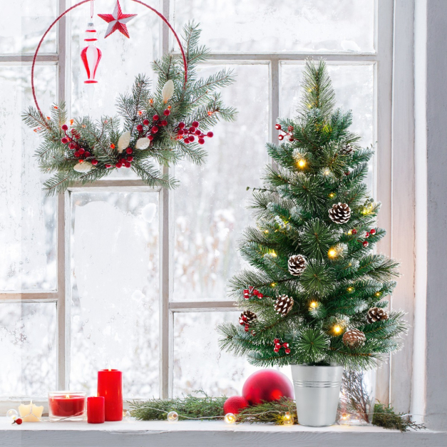 90 cm Knstlicher Weihnachtsbaum im Topf mit Beleuchtung & Beeren Kleiner  Tannenbaum - Costway