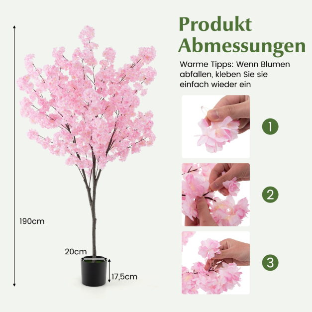 190 cm Knstlicher Kirschbltenbaum Kunstpflanze mit Blten in Rosa  Kunstbaum im Topf - Costway