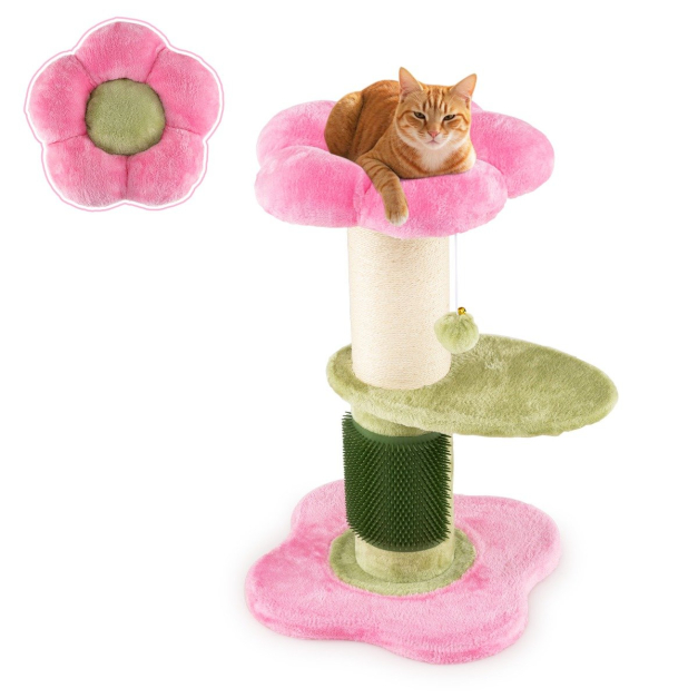 69 cm Blumen Katzenbaum mit Gepolstertem Plsch-Sitzplatz Kleiner  Kletterbaum Kratzbaum Rosa - Costway