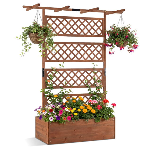 Blumenkasten mit Rankgitter & Dach Pflanzkbel mit Sichtschutz Tannenholz  Pflanzkasten Hochbeet - Costway