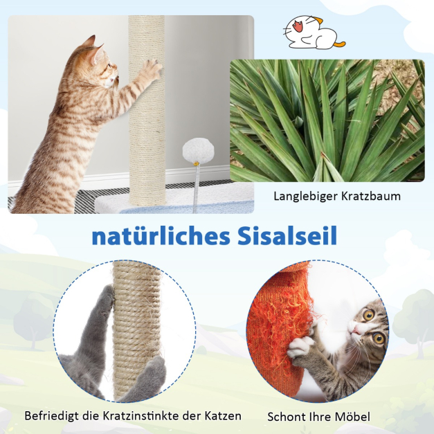 Kratzbaum mit Meeresmotiv 3-stckiger Katzenturm mit Sisal berzogenen  Pfosten Blau 49 x 38 x 86 cm - Costway