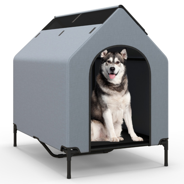 2 in 1 Hundehtte & erhhtes Hundebett Hundeliege Outdoor Haustierhaus mit  atmungsaktivem Netzgewebe Grau 75 x 110 x 106 cm - Costway