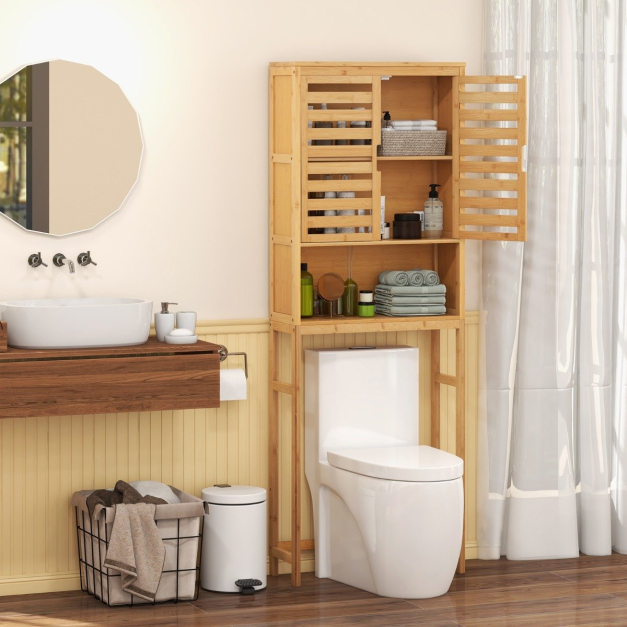 Bambus Toilettenschrank mit 2 Lamellentren & Offenem Regal & Verstellbaren  Querbalken - Costway