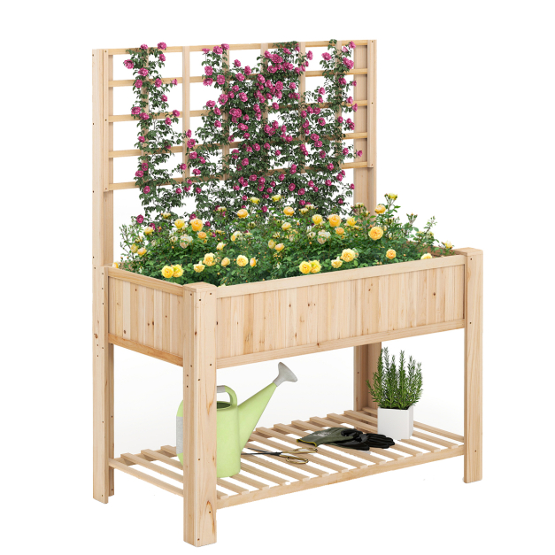 Hochbeet mit Spalier und Ablage Blumenbeet mit Ablauflchern Gartenbeet  Pflanzkasten Holz Blumenkasten 116 x 59 x 150 cm Natur - Costway