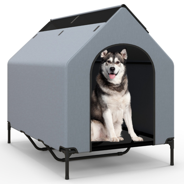 2 in 1 Hundehtte & erhhtes Hundebett Hundeliege Outdoor Haustierhaus mit  atmungsaktivem Netzgewebe Grau 84 x 132 x 114 cm - Costway
