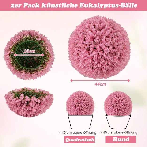 2er Buchsbaumkugel 44 cm Kunstpflanze Eukalyptus Buchsbaum Kugel Graskugel  Pflanzenkugel Rosa - Costway