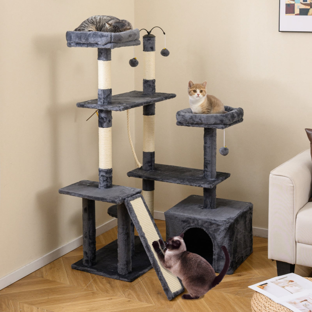 Kratzbaum mit Drehbares Design Katzenbaum mit Katzenhhle & Rampe  Kletterbaum Dunkelgrau - Costway