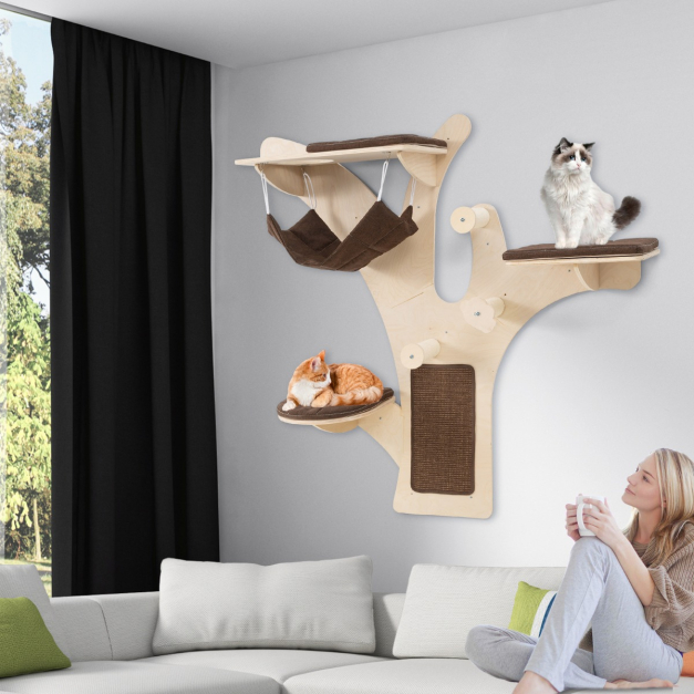 Kratzbaum Wand Katzenwand mit Plattformen Hngematte Kratzpfosten Braun -  Costway