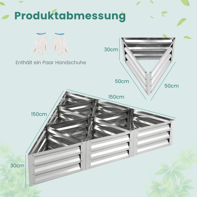 6-teiliges Pflanzkasten-Set aus Metall fr Gemse Dreieckiges Hochbeet 150  x 150 x 30 cm Silber - Costway
