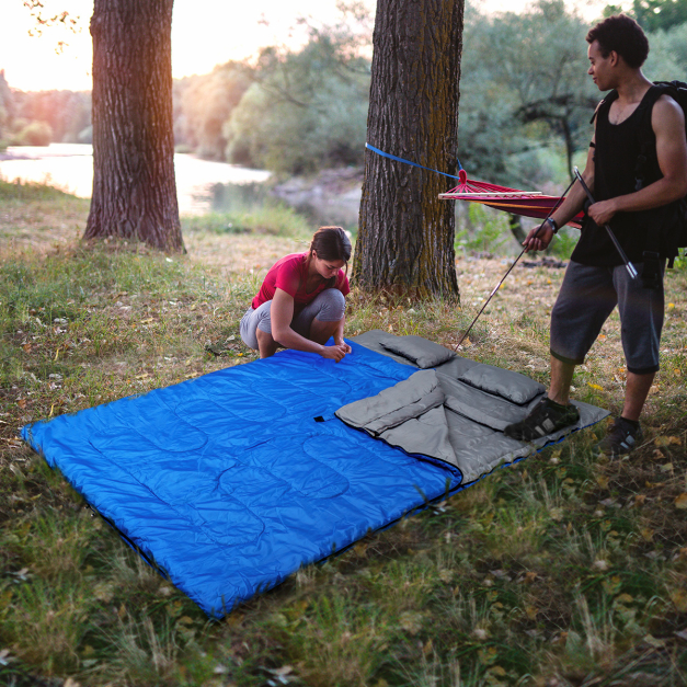 Goplus Doppelschlafsack 2 Personen XL Deckenschlafsack Schlafsack mit 2  Kissen Schwarz/Blau 220 x150 cm - Costway