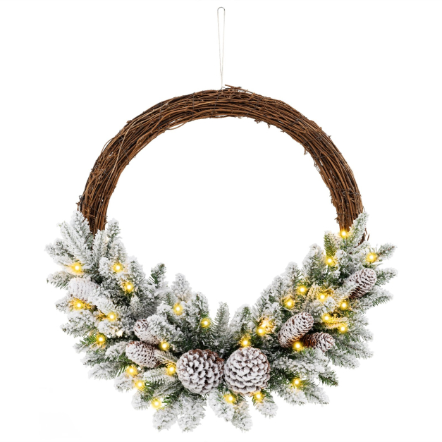 Knstlicher Weihnachtskranz mit Beleuchtung schneebedeckter Weihnachtskranz  mit 35 LED-Lichtern - Costway