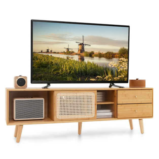 Bambus-TV-Stnder fr TVs bis zu 65 " TV-Konsole im Mid-Century-Modern-Stil  140 x 31 x 45,5 cm Natur - Costway