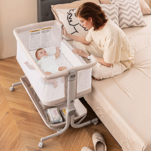 3 in 1 Beistellbett Reisebett Baby mit Matratze Babybett 6 Fach  hhenverstellbar mit Aufbewahrungskorb Beige