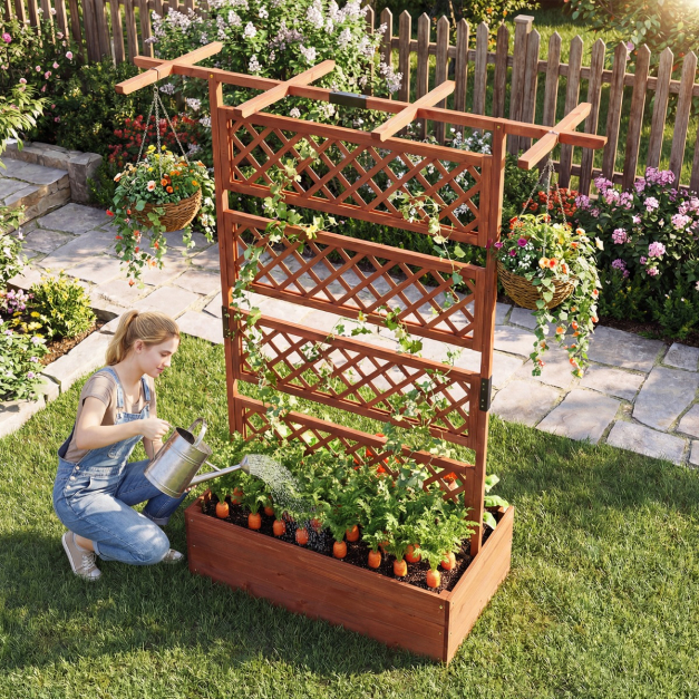 Blumenkasten mit Rankgitter & Dach Pflanzkbel mit Sichtschutz Tannenholz  Pflanzkasten Hochbeet - Costway