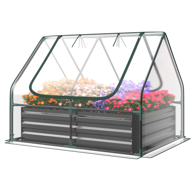 3 in 1 Gewchshaus mit Hochbeet Metall Pflanzkasten PVC-Folie Blumenbeet  mit zwei Fenstern Silber 129 x 97 x 96 cm - Costway
