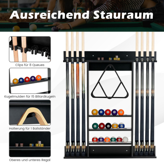 Billard-Queue-Halter Wandmontage Mit Kugelregal – Platz Für 8 Queues, Braun, Inkl. Ablage Für Dreieck, Kreide & Bürste – 89x79 Cm Billard-Queue-Halter Wandmontage Mit Kugelregal – Platz Für 8 Queues, Braun, Inkl. Ablage Für Dreieck, Kreide & Bürste – 89x79 Cm