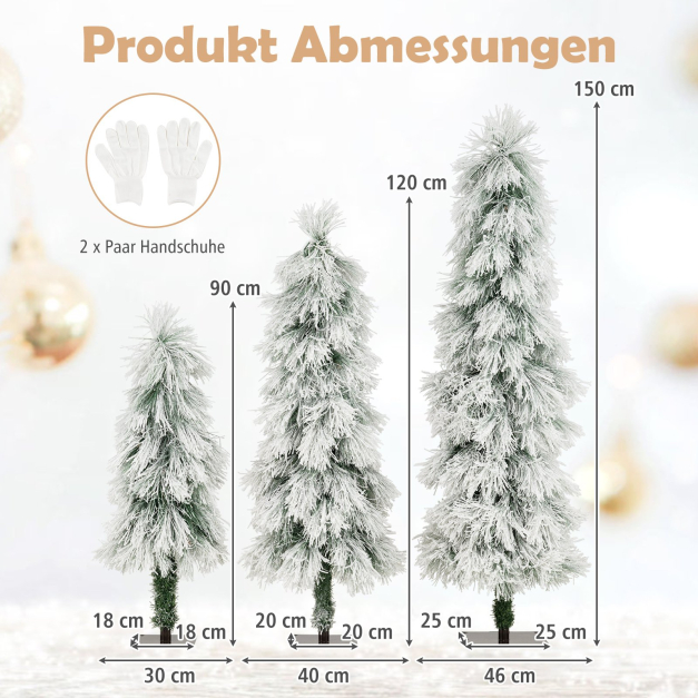 3er Set Knstliche Weihnachtsbume 90 cm 120 cm 150 cm mit Beleuchtung  schneebestubte Zweigspitzen Grn