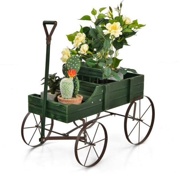 Holzwagen-Blumenkasten dekorativer Blumenkasten mit Rdern 62 x 34 x 60 cm  Grn - Costway