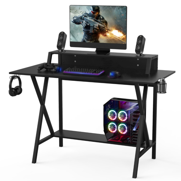 Gaming Schreibtisch 122 x 60 cm Großer Gaming Tisch mit Monitorständer &  Getränkehalter Schwarz - Costway