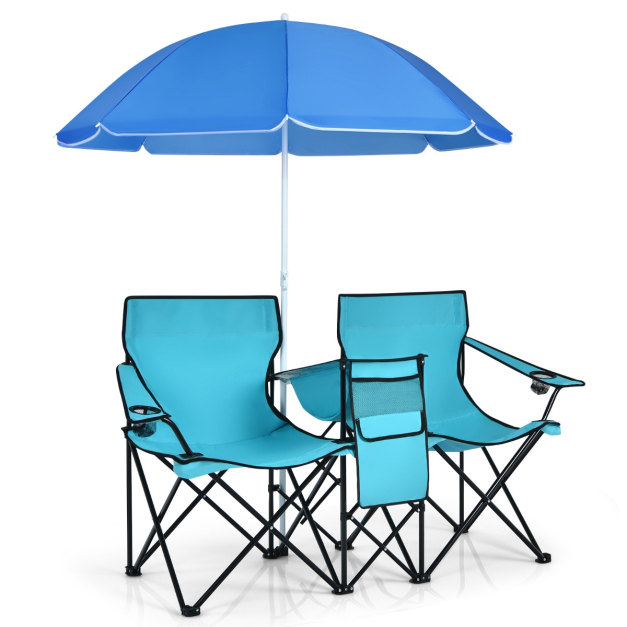 Campingstuhl mit Sonnenschirm Doppel Klappstuhl mit Getränkehalter  Kühltasche Türkis - Costway