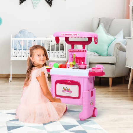 2 in 1 Küchen-Spielzeug-Trolley Küchen-Spielzeug-Set höhenverstellbar Kinder Rollenspiel Spielzeug Rosa