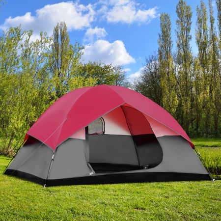 Campingzelt 5-6 Personen Kuppelzelt Wurfzelt Doppelschicht Winddichte 300x300x165cm Rot und Grau