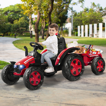 Costway 12V Traktor Kinder Aufsitztraktor mit abnehmbarem Anhänger 151 x 58 x 70 cm Rot