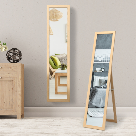 Costway 2 in 1 Ganzkörperspiegel Standspiegel und Wandspiegel mit Holzrahmen 37 x 155 cm Natur