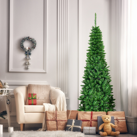 200cm schmaler Weihnachtsbaum mit warmweißen LEDs künstlicher Tannenbaum faltbar mit Metallständer & PVC Nadeln Grün