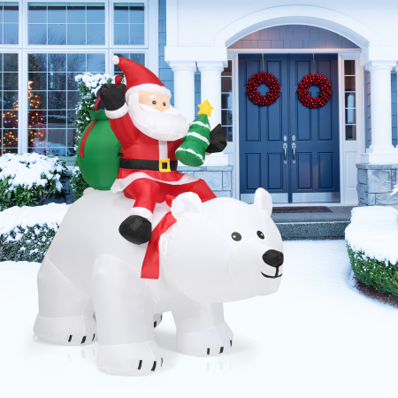 Aufblasbarer Eisbär & reitender Weihnachtsmann, Weihnachtsfigur mit LEDs, Weihnachtsdeko inkl. Gebläse & Zubehör 200cm