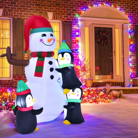 Costway Aufblasbarer 180 cm hoher Schneemann mit Pinguinen schnell aufblasbarer Schneemann Weihnachtsdeko LED