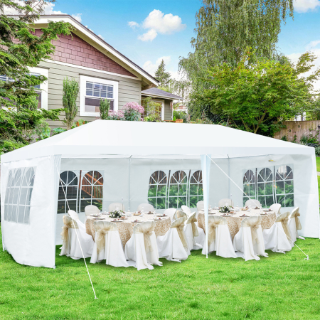 Costway 6 x 3 m Outdoor-Zelt tragbares wasserdichtes Zelt mit 4 abnehmbaren Seitenwänden Weiß