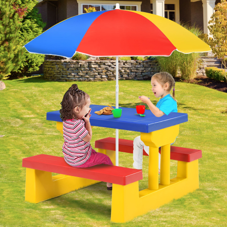 Costway Kinder Sitzgruppe Kindertisch Picknickbank mit Sonnenschirm