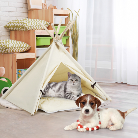 Tipi für Haustiere Zelt mit dickem und rutschfestem Kissen tragbares Haustierhaus Hundezelt Katzenzelt Beige