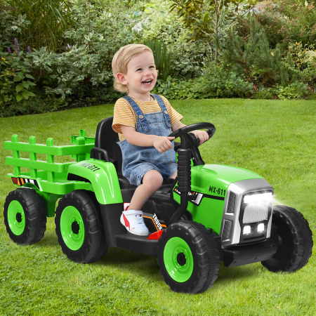 3-Gang Kinder Traktor 12V Aufsitztraktor mit abnehmbarem Anhänger Grün