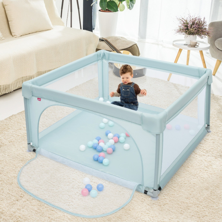 Costway Baby-Laufstall Laufgitter mit atmungsaktivem Netz mit 50 Spielbällen 120 x 120 x 68 cm Blau