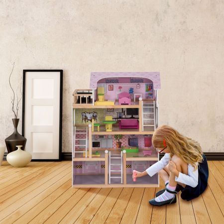 Puppenhaus 4 Etagen Puppenstube Barbie Haus mit Möbeln Holz 60,5 x 29.5 x 81 cm