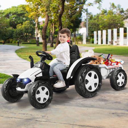 Costway Spielzeug-Traktor mit Anhänger für Kinder 12V Aufsitztraktor 151 x 58 x 70 cm Weiß