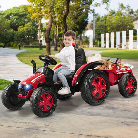 Costway 12V Traktor Kinder Aufsitztraktor mit abnehmbarem Anhänger 151 x 58 x 70 cm Rot