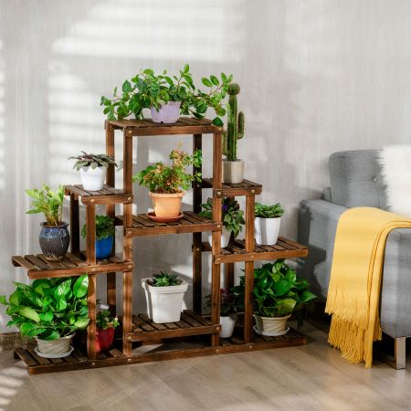 6-stufiges Pflanzenregal freistehendes Stufenleiterregal rustikaler Pflanzenständer mit Einlegeböden aus Holz für Innen & Außen braun 120 x 25 x 96 cm 