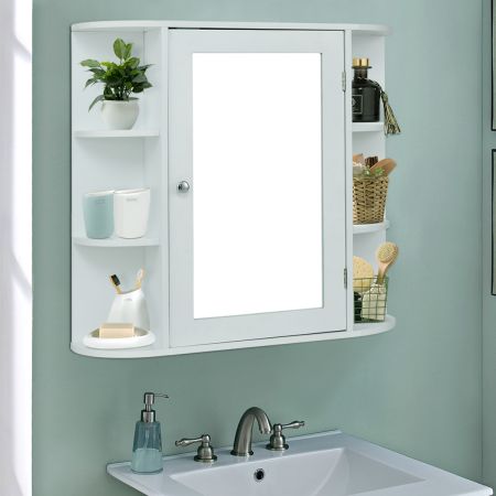 COSTWAY Wandschrank Badezimmer Spiegelschrank mit Spiegeltür und Ablagen Weiß 65 x 17 x 63 cm