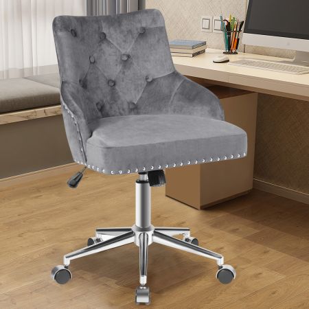  Costway Samt Akzent Sessel Bürostuhl mit Rädern Verstellbarer Arbeitsstuhl 59,5 x 57 x 84 - 98 cm Grau