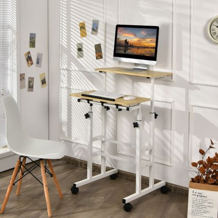  Costway Sitz-Steh-Schreibtisch Stehschreibtisch höhenverstellbar rollender Schreibtisch Weiß + Natur
