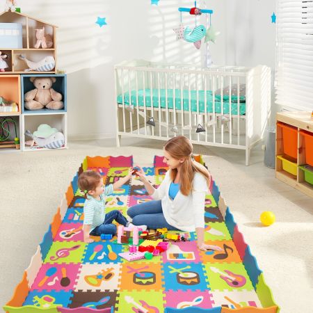 Costway 125-teilige Baby Spielmatte Baby EVA-Bodenmatte mit Zaun Puzzlematte 31,5 x 31,5 x 1 cm Bunt