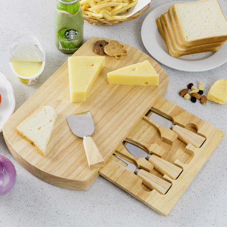 Hölzern Käsebrett & Messer Service-set Käseset Käseplatte Holz und 4tlg Besteck